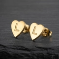 Minimalist gold heart-shaped stainless steel stud earrings featuring engraved letter L - Letter L / Gold