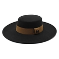 Retro black flat top wool felt fedora hat with brown band and metal M emblem detail - M (56-58cm) / Black