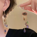 Detailed close-up of retro floral shell tassel earrings with colorful crystal accents - 20# Gold Multicolor Faceted Crystal Style (Earring Hook)