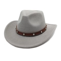 Detail view of grey felt cowboy hat featuring a brown leather band with silver studs - M (56-58cm) / Light Gray