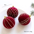 Set de 3 bolas de Navidad de terciopelo rojo oscuro 8cm con purpurina dorada para el árbol - Estilo A Rojo Vino (Set de 3)