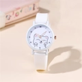 Pink and white quartz watch for girls featuring a cute cat pattern and silicone strap - White