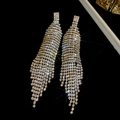 Silver long fringe tassel drop earrings with sparkling rhinestones in silver finish - Multi-Row Dangle Shining Tassel Style (63#)