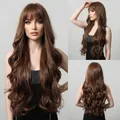 Long wavy synthetic hair wig with air bangs in chestnut brown finish, multi-view display - Dark Brown