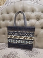 Detail of navy canvas tote bag with ethnic elephant print and geometric patterns - Khaki Elephant