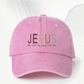 Pink washed denim baseball cap with Jesus print and the way the truth the life text - Pink