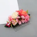 Bohemian floral hair comb with pink roses, orange daisies and green leaves for brides - FS07-4 Pink