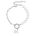 Letter M pendant bracelet with faux pearls and silver paperclip chain links - Silver-Letter M