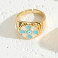 14K gold plated evil eye open ring with blue and white enamel flower detail - Adjustable Open Ring (JZ0256) / Blue + White