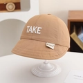 Close-up of TAKE embroidery and fabric texture on a beige quick-dry baby sun hat - 50cm 1-3 Years / Khaki