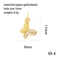 Detail view of 18K gold plated copper butterfly pendant with cubic zirconia inlay and dimensions - Type O-1 (Butterfly) / Gold