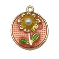 Pink enamel flower pendant with pearl center and golden alloy frame for jewelry DIY - Pink Sunflower-22064