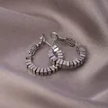 Silver block hoop earrings with geometric rectangular pattern and lever-back closure - E-058---Platinum