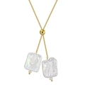 Adjustable gold box chain necklace featuring twin irregular white baroque pearl pendants - Gold Baroque Pearl Pendant(GPN14)