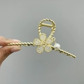 Elegant gold flower shark clip with pearls and rhinestones on a metal hair claw - Twisted Crystal Flower