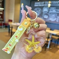 Ocean theme liquid quicksand keychain with yellow starfish and silicone wristlet strap - Yellow Ocean Petals