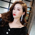 Elegant silver long tassel drop earrings with full diamond geometric rhombus crystal design - Silver Pave Rhinestone Tassel (E0149 Silver)