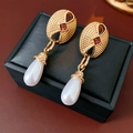 Golden drop earrings with red square gemstone and white pear-shaped pearl charm - Ruby Grid Pearl Style (2#)