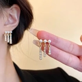 Elegant gold pearl stud earrings featuring shimmering rhinestone tassels for women - Gold Three Pearl Rhinestone Tassel Studs