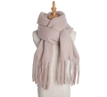 Soft pink mohair scarf with fringe tassels displayed on a tailor mannequin - Milk Coffee