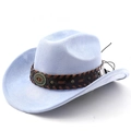 Close-up of light blue suede cowboy hat with braided leather band and metal buckle detail - Light Sky Blue