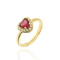 Vergulde open ring met hartvormige rode zirkoon en sprankelende halo-accenten op wit - Verstelbaar Open / Rood