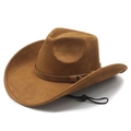 Classic wide brim faux suede cowboy hat in camel brown with adjustable chin strap - M (56-58cm) / Khaki