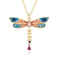 Collana con ciondolo a libellula dorata di moda con cristalli rosa e blu colorati - Design Libellula Rosa e Blu (k045)