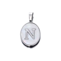 Detail of silver oval pendant with white mother of pearl inlay and capital letter N - Steel Letter N