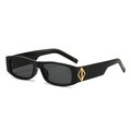 Rectangle sunglasses with black narrow frames and gold metal accents on wide temples - Glossy Black Grey Lens