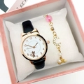 Cute cat-ear quartz watch with moon and star bracelet set in pink gift box - Watch + Bracelet + Gift Box / Black