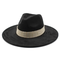 Classic black suede wide brim fedora hat featuring an elegant woven gold trim band - Black