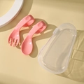 Pink ergonomic baby spoon and fork set with curved handles in a portable storage case - Food Grade PP / Cherry Pink With Storage Box