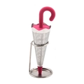 Pink umbrella tea infuser with stainless steel mesh and silicone handle on a matching stand - Red