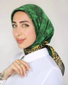 90cm green satin square hijab with floral patterns and leopard print borders - Leopard Green