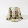 Close-up of fluffy plaid bucket hat showing soft faux fur texture and green checkered pattern - M (56-58cm) / Green