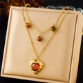 Double-layer gold titanium steel necklace with tiger eye beads and heart pendant - Gold Tiger Eye Heart Style (N3180)
