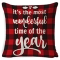 Red and black buffalo plaid Christmas pillow cover with white holiday typography - A-22
