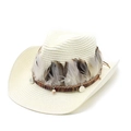 Detail of bohemian wide brim straw hat with ethnic feathers and decorative wood beads - Creamy White
