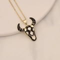 Detailed view of a gold-plated bull head pendant necklace with black enamel and zircon inlay - Black Base Gold Inlaid Bull Head Style (19#)