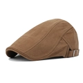 Vintage brown herringbone flat cap featuring an adjustable silver metal side buckle - Adjustable / Khaki