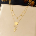Zweilagige goldene Edelstahlkette mit Kreuz- und Münzmedaillenanhängern für Damen - Goldenes Kreuz-Medaillen-Stil (N3920)
