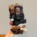 Elastic hair tie set with brown beige bows and charms in clear box for high ponytail - 15 Piece Set / Amber Brown