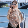 Ethnic paisley print cashmere shawl in vintage red and lake blue with fringe trim - 200cm / Grid Flower-Camel
