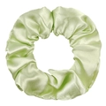 Close-up of light green satin hair scrunchie showing smooth fabric texture and elastic pleats - Light Green