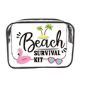 Transparent PVC cosmetic bag featuring black zipper and beach survival kit graphics - 009-Flamingo Beach Survival