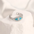 Adjustable evil eye ring in silver finish with blue enamel and chain link band - Adjustable Open / Steel Color Evil Eye Teal