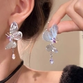 Gros plan de boucles d'oreilles papillon à pompons avec zircons portées par un mannequin - 925 Sterling Silver Earring Post - Papillon Irisé - Argent