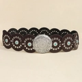 Ceinture bohème en cuir marron avec incrustations de turquoise et boucle gravée - Argent Antique Café
