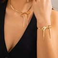 Elegant gold bow-shaped necklace and bracelet set with flat snake chain for women - Gold Bow Necklace and Bracelet Set / Gold